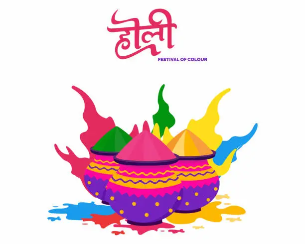 Vector illustration of Happy Holi Festival Of Colors with colorful gulal pots hindu festival vector illustration