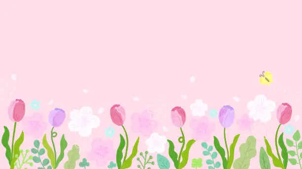 Vector illustration of Sakura and tulip background banner inspired by spring, stylish hand-drawn illustration