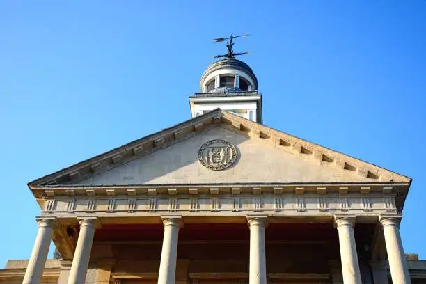 View of the top part of the Guildhall along Fore Street, Chard, Somerset, UK, Europe.