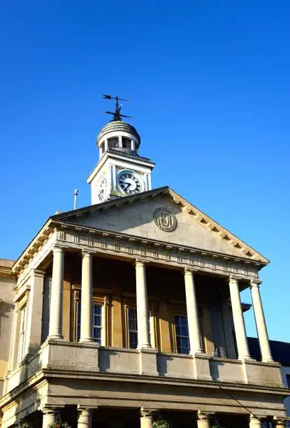 View of the top part of the Guildhall along Fore Street, Chard, Somerset, UK, Europe