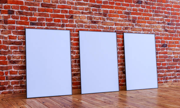 istock 3 frame mock up on red brick wall with wooden floor, 3d render 2014979669