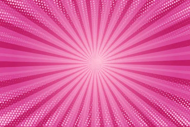 Vector illustration of Pink comic background. Cartoon pop art burst rays pattern. Abstract radial texture frame with stars. Vector retro superhero explode with halftone effect