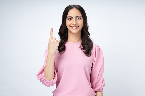 Portrait of young businesswoman wear trendy smart casual outfit isolated on white background