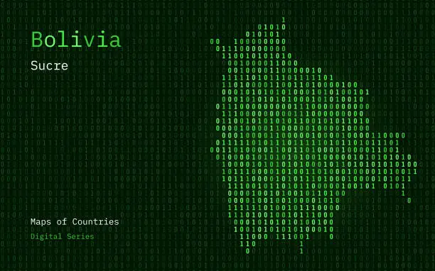 Vector illustration of Bolivia Map Shown in Binary Code Pattern. Matrix numbers, zero, one.