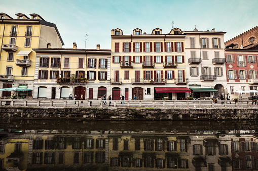 Houses On One Side Of Naviglio Grande Canal In Milan, Italy
