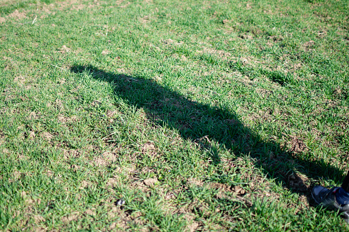 the shadow of an unrecognizable woman in nature on the grass