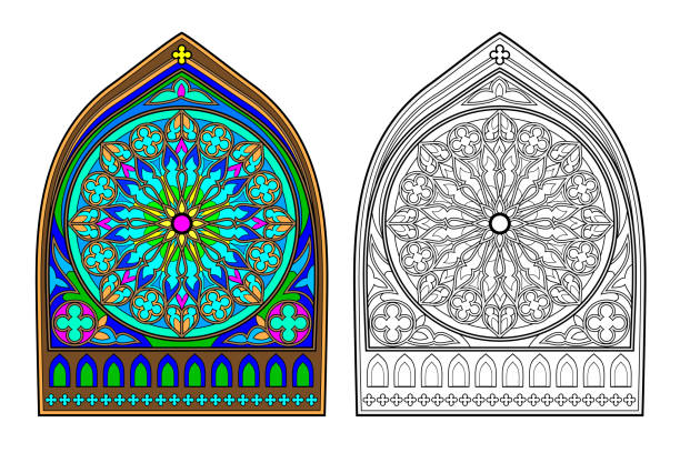 ilustraciones, imágenes clip art, dibujos animados e iconos de stock de colorful and black and white image of gothic stained glass window with beautiful rose in center. printable worksheet for coloring book for children. medieval architectural style in western europe. - window rose window gothic style architecture