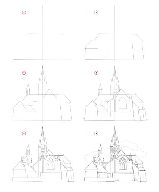 how to draw step by step sketch of imaginary medieval architectural building. creation pencil drawing. educational page for artists. textbook for artistic skills. hand-drawn vector by graphic tablet. - stepwise stock illustrations