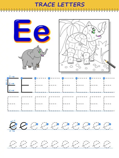 Vector illustration of Tracing letter E for study alphabet. Printable worksheet for kids. Education page for coloring book. Developing children skills for writing and tracing ABC. Vector cartoon image for school textbook.
