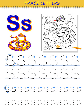 Tracing letter S for study alphabet. Printable worksheet for kids. Education page for coloring book. Developing children skills for writing and tracing ABC. Vector cartoon image for school textbook.