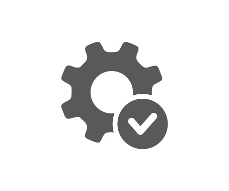Gear with ok icon. Cogwheel and checkmark. Technical specifications conformity graphic vector design and illustration.