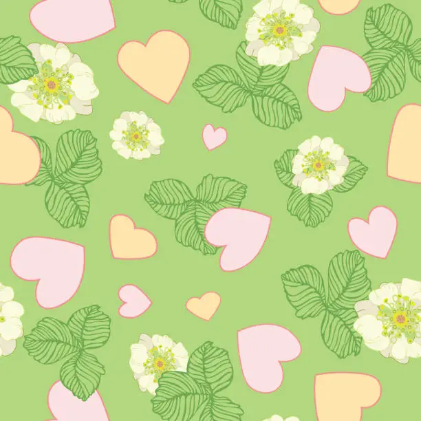 Vector illustration of Repeat pattern of hearts and blooming strawberries