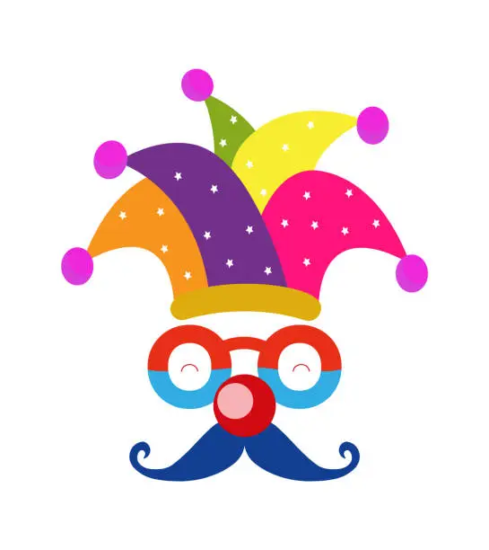 Vector illustration of Joker Illustration With Nose, Mustaches, Glasses, Multicolored Hat, Clown.