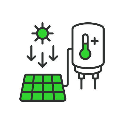 Solar Power to Boil Water icon in line design green. Solar, power, boil, water, energy, sun, heat, panel isolated on white background vector. Solar Power to Boil Water editable stroke icon