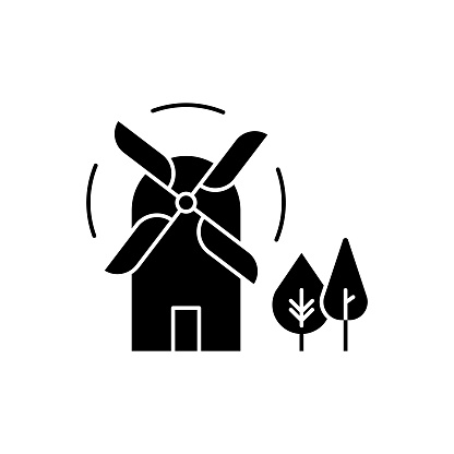 Windmill solid icon design on a white background. This black flat icon suits infographics, web pages, mobile apps, UI, UX, and GUI designs.