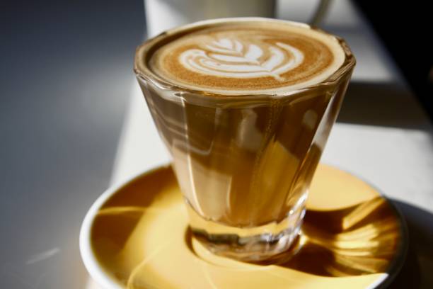istock Coffee, flat white, rosetta, latte art, glass cup 2015116203