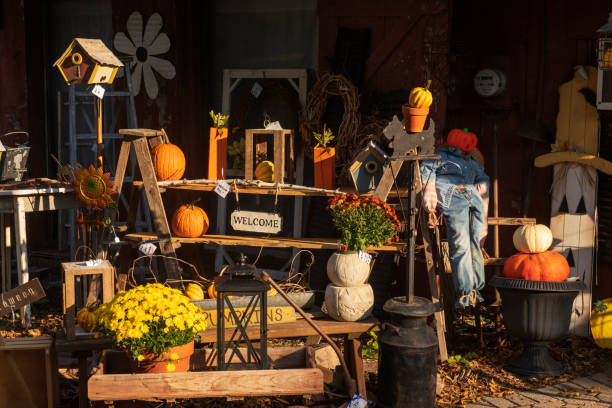 Worcester, USA - October 3, 2020. Autumn decoration at Fabulous Folks store by Valley Forge Road in Worceter Township, Pennsylvania, USA