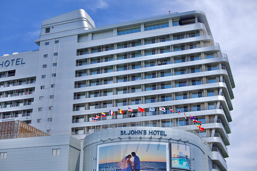 Gangneung City, South Korea - July 29th, 2019: The exterior of St. John's Hotel, one of many resort hotels near Gyeongpodae Lake and Beach, offering a variety of guest services.