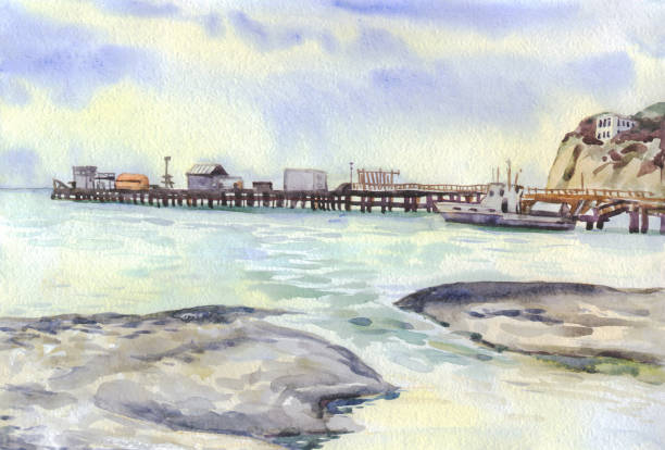 istock Watercolor painting seascape pier bay 2015160898