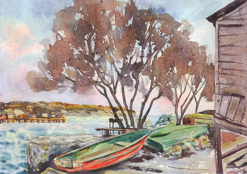 watercolor seascape bay cove boats tree shore