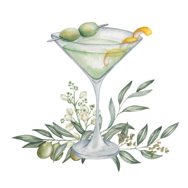 ilustrasi cat air. koktail martini kering yang dilukis dengan tangan dalam gelas martini dengan zaitun hijau, kulit lemon. buah zaitun, bunga, cabang. martini kotor. minuman beralkohol. komposisi clip art terisolasi - buah-zaitun-hijau ilustrasi stok