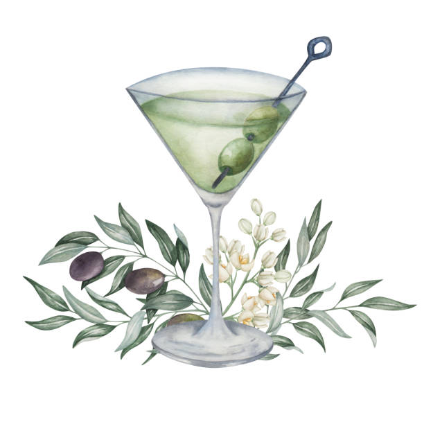 水彩画のイラスト。マティーニグラスに手描きのドライマティーニカクテル、カクテルピックにグリーンオリーブを添えています。ブラックオリーブの果実、花、枝。ダーティマティーニ。� - martini martini glass dirty martini olive点のイラスト素材／クリップアート素材／マンガ素材／アイコン素材