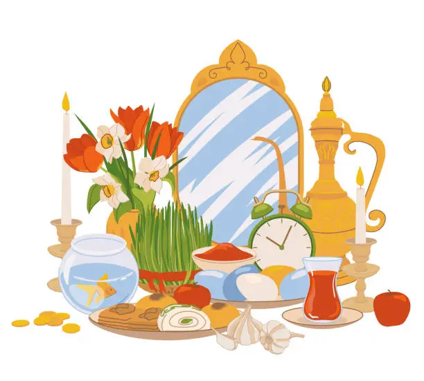 Vector illustration of Products for the International Day of Navruz. Iranian New Year is a sacred day and religious holiday of Zoroastrians and Baha'is. Mirror, green grass, sweets, candles, vinegar, flowers. Flat vector.
