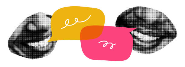 Halftone collage male lips with speech bubbles. Dotted modern retro urban magazine style pop art vector illustration. Social media, inspiration, idea, interview, communication concept