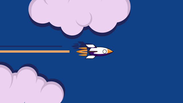 simple animation of a rocket ship in the sky among the clouds. motion graphic illustration. 2d 3d flat cartoon looping