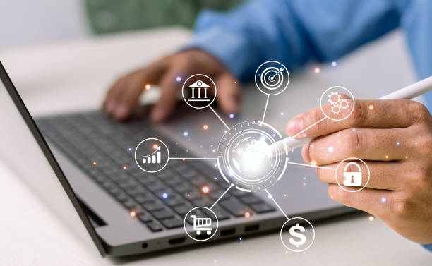 istock Businessman with internet technology, global internet connection and digital marketing, searching for information, finance and banking, digital link technology, big data. 2015173232