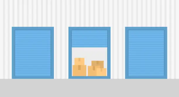 Vector illustration of Close-up View Of Warehouse Building With Self Storage Units. Cardboard Boxes Inside The Open Unit