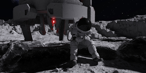 Astronaut and spaceship on the moon, 3d render