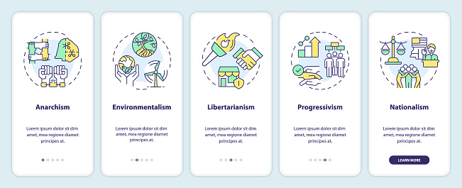 Philosophical politic ideologies onboarding mobile app screen. Walkthrough 5 steps editable graphic instructions with linear concepts. UI, UX, GUI template. Myriad Pro-Bold, Regular fonts used