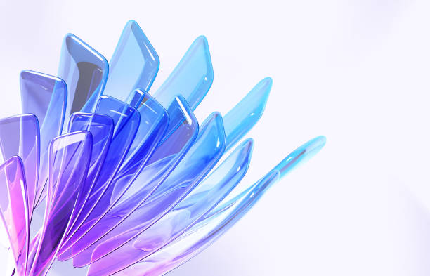 Abstract 3d background wallpaper with glass rainbow rectangle wave plates in shape flower. Translucent iridescent crystal with blue pink hologram gradient texture, digital tech banner. 3D illustration