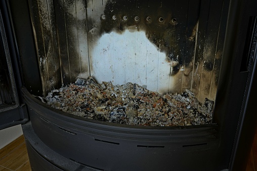 Ashes from the wood in a fire stove