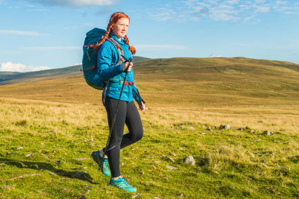istock Young woman wearing backpack hiking across green mountain 2015181156