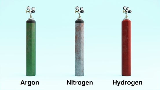3D illustration of three types of gas cylinder used in laboratories. The different gas cylinders are labelled.