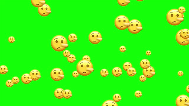 Liar emoji. Pinocchio emoticon with long nose, lying yellow face. Animated flying emojis. Social media icons symbol animation with green screen background.