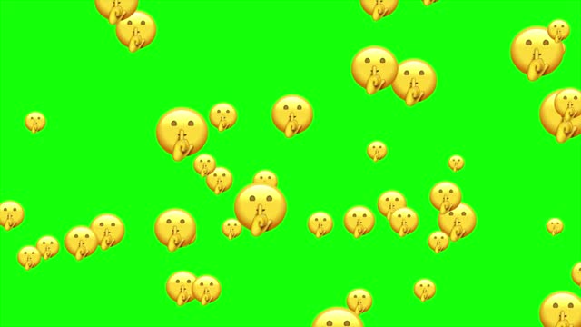 Quiet emoji shh gesture, shush silent smiley cartoon shushing face, finger shut mouth. Animated flying emojis. Social media icons symbol animation with green screen background.