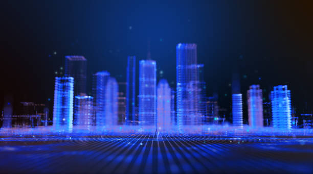 istock Futuristic digital city blur background, buildings with a particles network. Technology and connection concept. 2015230951