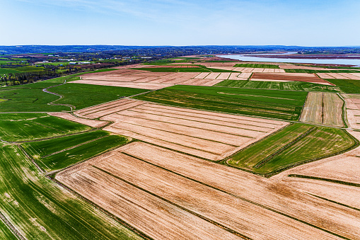 Aerial view of fields in late Spring.