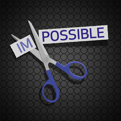 Vector Illustration of a Scissor Cutting the Word Impossible Over Dark Seamless Background