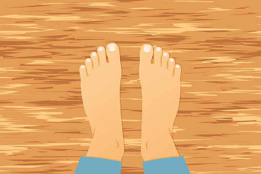 bare feet on the wooden floor;  top view- vector illustration