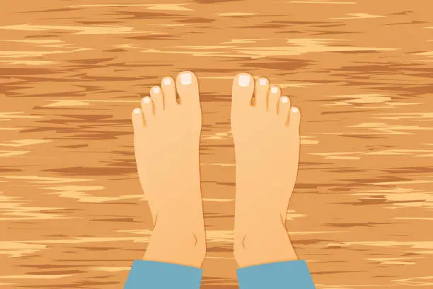 Vector illustration of bare feet on the wooden floor;  top view