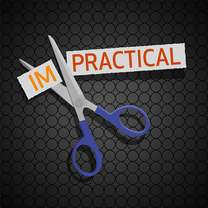 Vector Illustration of a Scissor Cutting the Word Impractical Over Seamless Dark Background