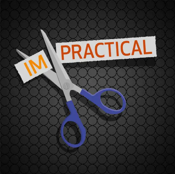 Vector illustration of Scissor Cutting the Word Impractical Over Seamless Background