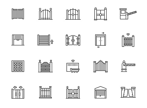 Vector fence gate line icon set. Metal house gate entrance garage gateway symbol design. Mesh barrier steel border door