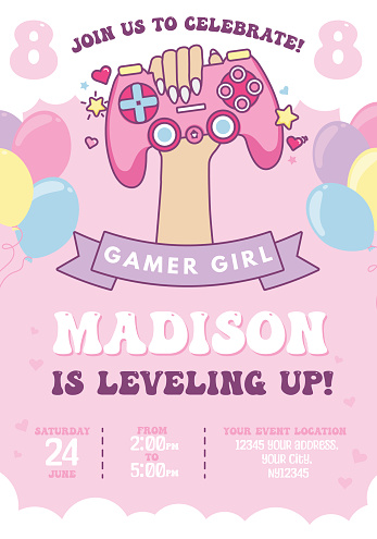 Gamer Birthday party invitation design template. Gamer girl B-day celebration poster with cartoon hand holding a controller, balloons. Cute kids party event concept. Vector flat style illustration