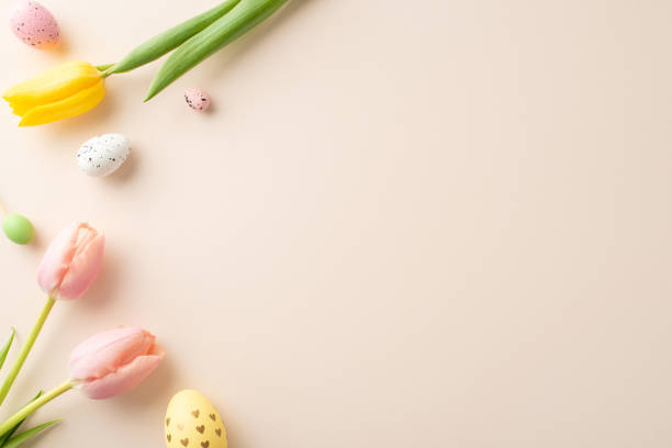 istock Meadow joy during Easter festivities. Top view of lively eggs, and fresh tulips against a pastel beige surface. Perfect for messages or advertisements 2015273988