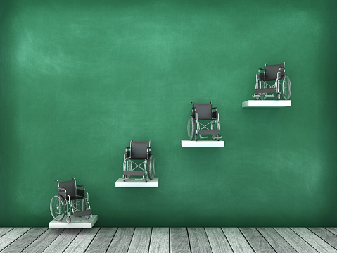 Wheelchairs on Steps - Chalkboard Background - 3D Rendering